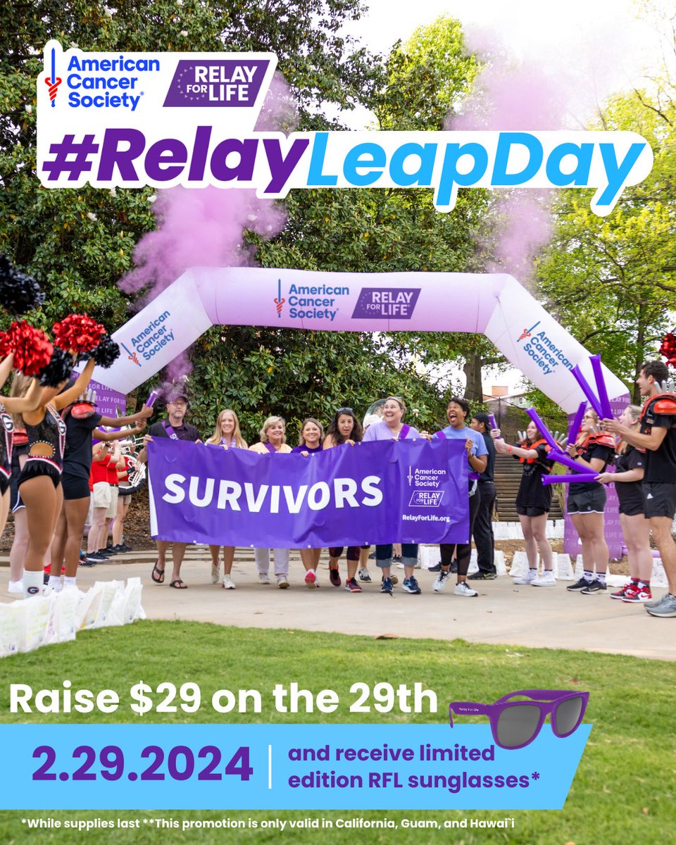 Make this leap day a day of impact! Raise $29 on Feb 29 to get double ACS Rewards Points (up to $144) and a chance to receive a limited-edition pair of #RelayForLife sunglasses. Sign up now at relayforlife.org to help us end cancer as we know it, for everyone #RelayLeapDay