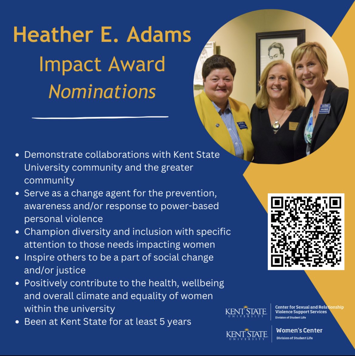 Seeking nominations for the Heather E. Adam’s Impact Award!! 
-
-
#ksuwomenscenter #ksusrvss #ksugreendot #ksu #kentstate #impactaward