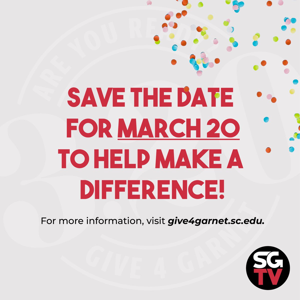 Show your support for SGTV by joining us in Give 4 Garnet!

🗓️ Save the date and share this post with your friends and family to help make a big difference! For more information visit give4garnet.sc.edu.