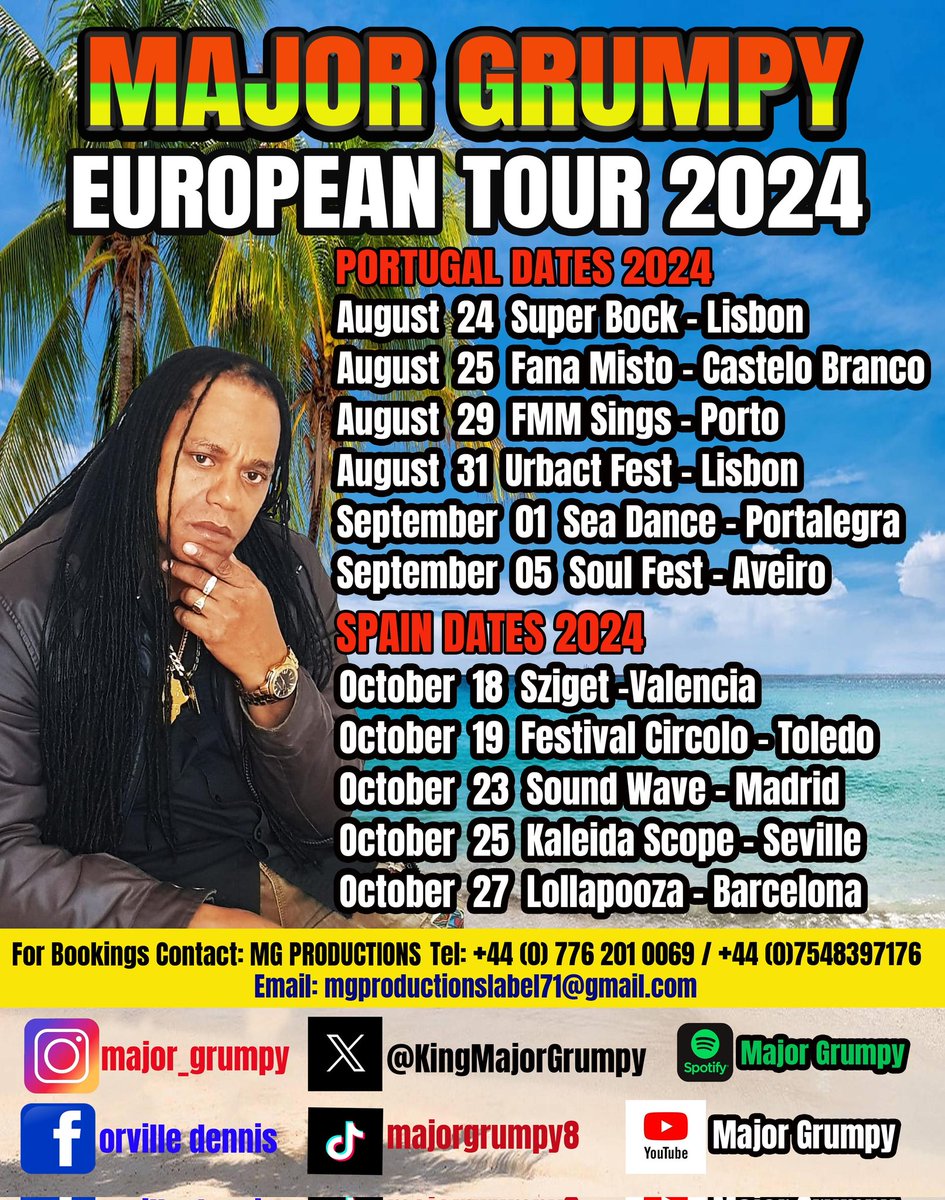 KingMajorGrumpy's tweet image. THIS IS IT ALL THE #MAJORGRUMPY FANS AND FANS OF #REGGAEMUSIC AND #DANCEHALLMUSIC PLEASE JOIN ME ON THE #EUROPEAN #TOUR THIS #AUGUST TO #OCTOBER 2024 IT WILL BE #NICE #REGGAEMUSIC #REGGAESONG  #DANCEHALLMUSIC #DANCEHALLSONG  #JAMAICA #EUROPE #ENGLANDUK BIG UP #TEAMMGPRODUCTIONS