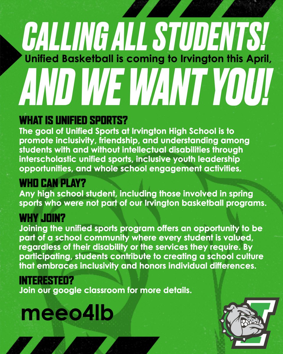 🏀💚 Calling all Irvington high school students! Let's come together and make this spring season unforgettable! Join our new Unified Basketball Program and spread some green heart love! 💚🏀 #WeAreFamily #Unified #SpringSportOpportunity