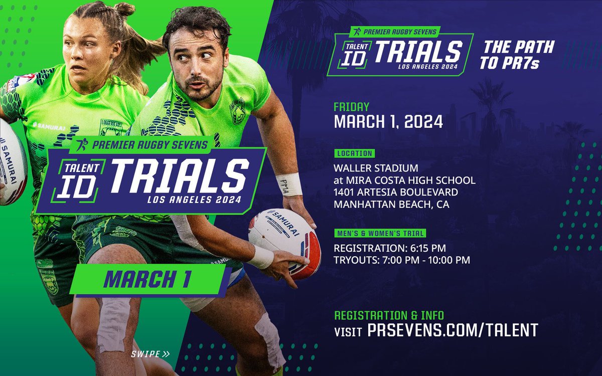 After a fantastic day in San Jose, we’re looking forward to our second round of trials @ Manhattan Beach on Friday night @ 6:15pm w/ our franchise coaches on hand. Be a part of the many talented women’s &amp; men’s athletes who have already impressed us!
#prsevens   
#sevensnewhome