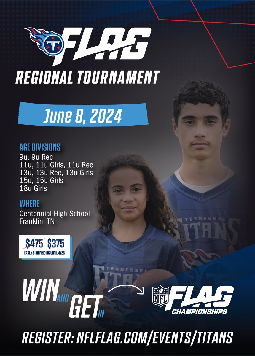🚨Registration for the #Titans @NFLFLAG Regional Tournament is now open🏈 📍Centennial High School - Franklin, TN Register your team➡️bit.ly/3OVqyBO @Titans | @RCXsports