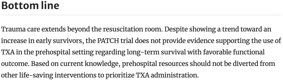 Prehospital tranexamic acid: more than just a PATCH for trauma systems? by Sophie Gilbert @PG_Blanchard rdcu.be/dzMQw Despite a trend toward an increase in early survivors, the PATCH trial does not provide evidence supporting the use of TXA in the prehospital setting