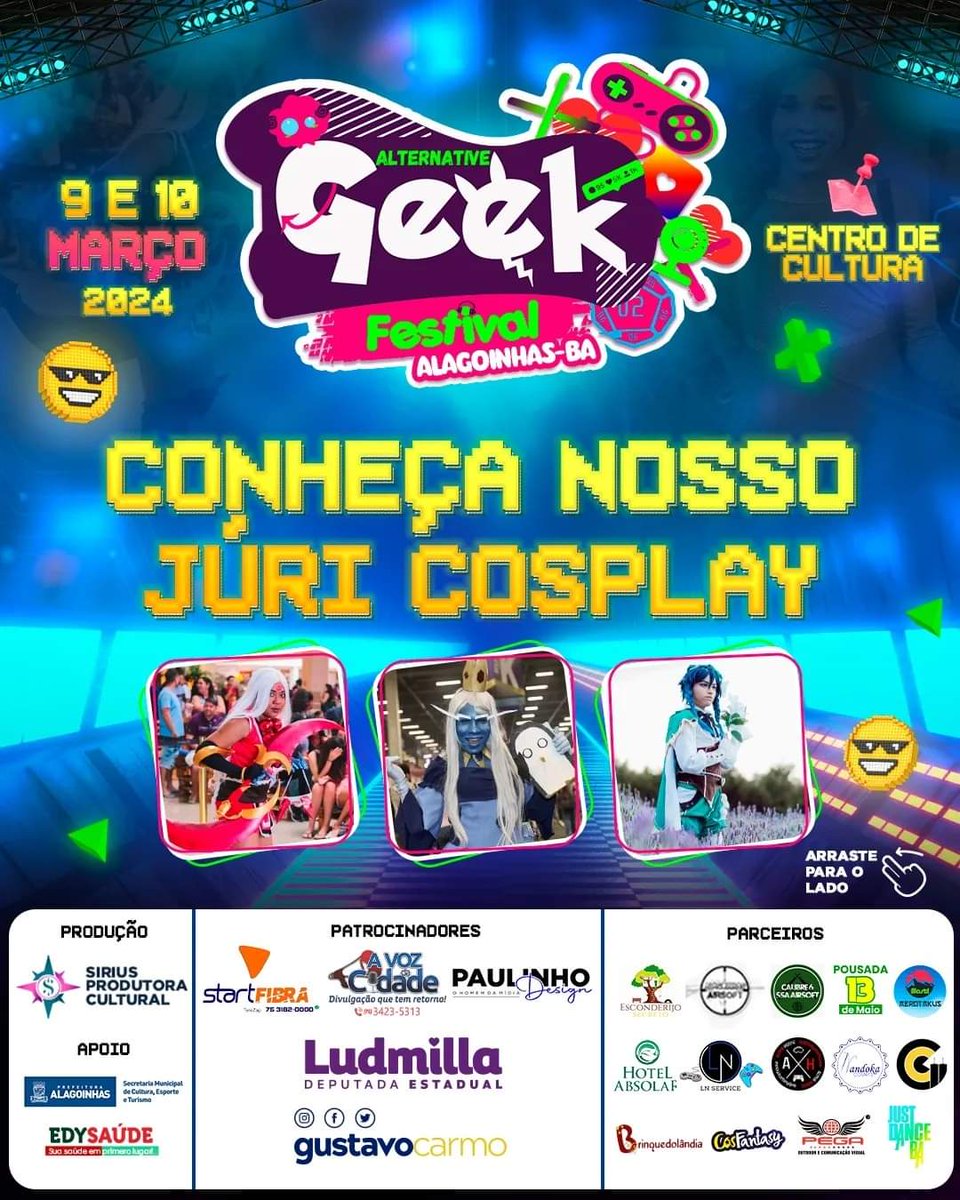 agfbaoficial's tweet image. 🤩 CONHECENDO O JÚRI COSPLAY!

🫶 Arraste pro lado e conheça um pouco mais sobre cada um desses maravilhosos que compõem nossa banca avaliadora!

📌 O desfile cosplay do domingo, dia 10 de março,  a partir das 14h no Centro de Cultura de Alagoinhas!

#AGFBA #Alagoinhas