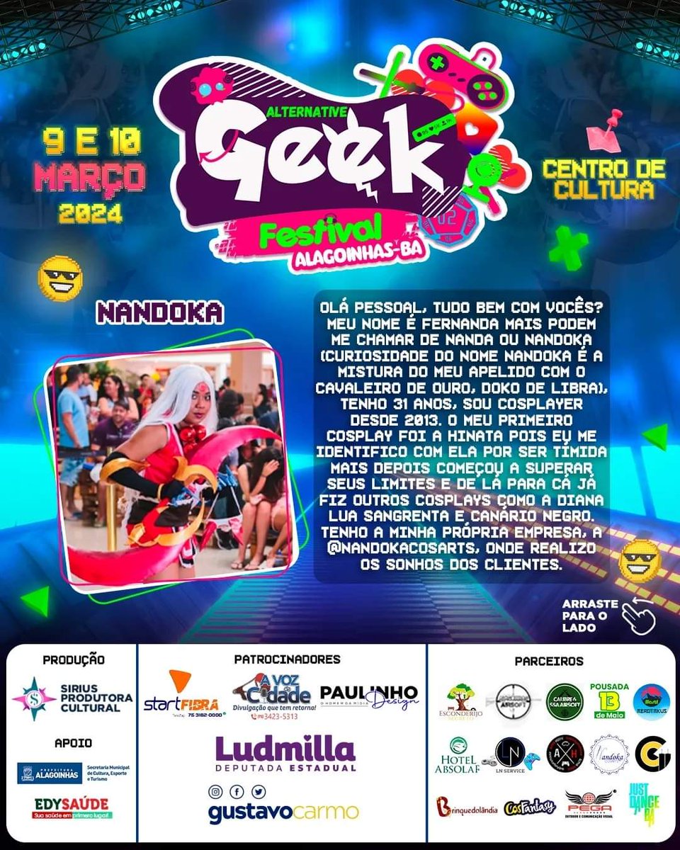 agfbaoficial's tweet image. 🤩 CONHECENDO O JÚRI COSPLAY!

🫶 Arraste pro lado e conheça um pouco mais sobre cada um desses maravilhosos que compõem nossa banca avaliadora!

📌 O desfile cosplay do domingo, dia 10 de março,  a partir das 14h no Centro de Cultura de Alagoinhas!

#AGFBA #Alagoinhas