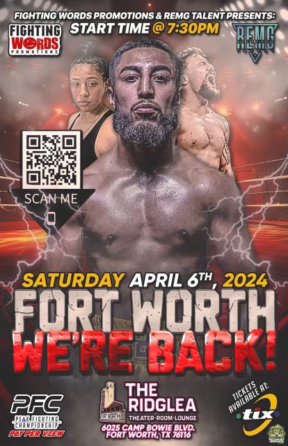 Fighting Words Boxing, MMA and Muay Thai at Ridglea Theater 
Saturday, April 6, 2024
🎟️theridglea.com