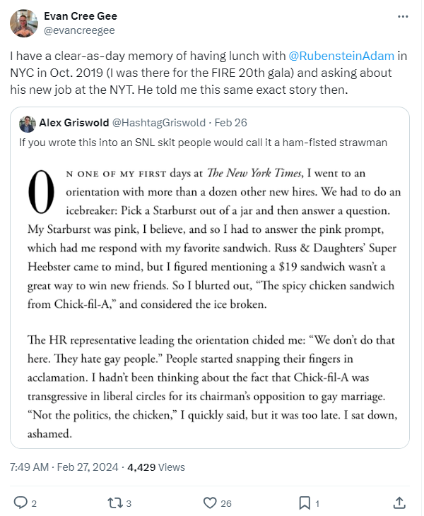 Wow, Adam Rubenstein is an evil mastermind. Somehow knowing his fortunes were about to take a turn for the worse at the Times, he fabricated a story and told it to three different people BEFOREHAND. Good and thoughtful investigative work by Hobbes as always.