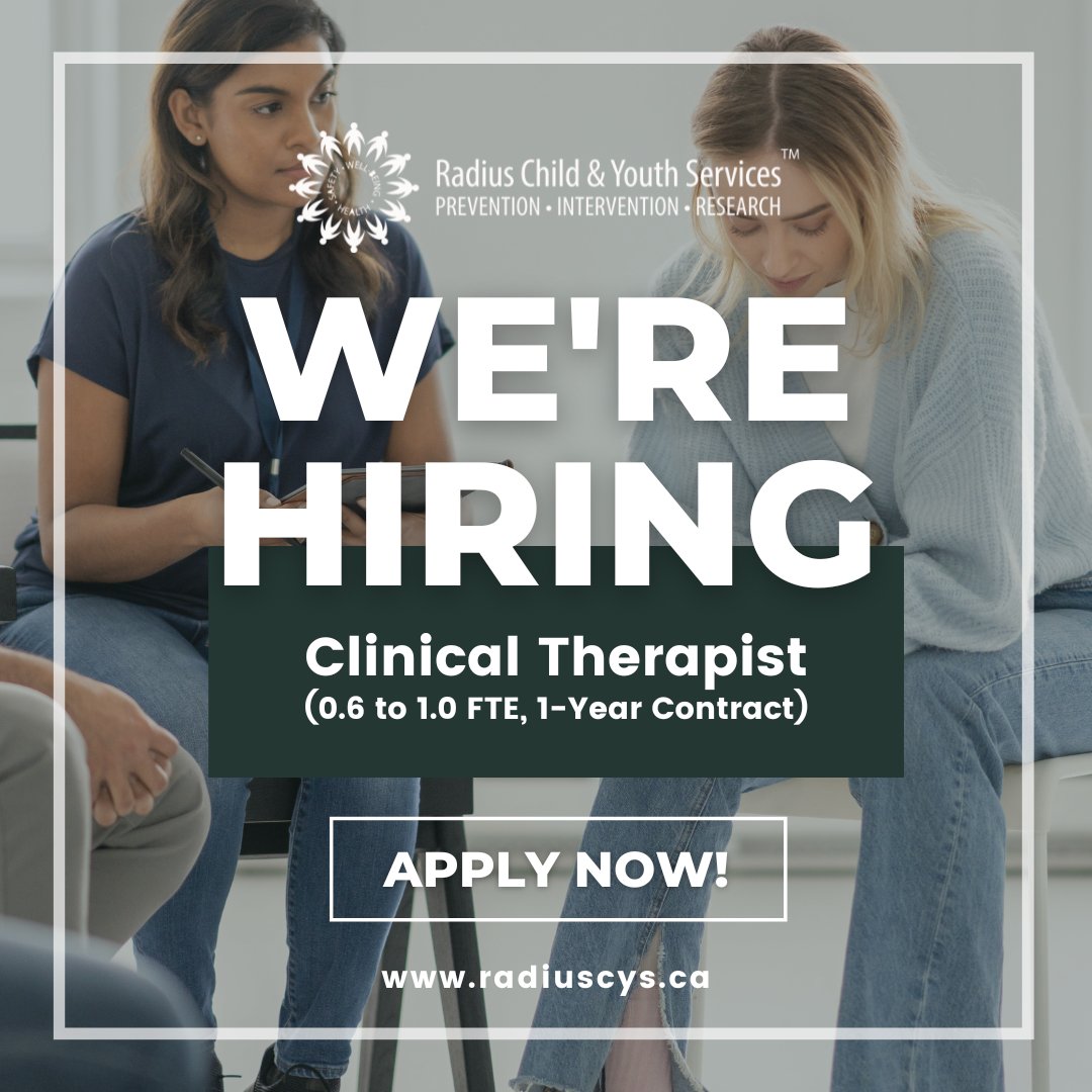 Radius is hiring for a Clinical Therapist - 0.6 to 1.0 FTE, 1-Year contract.

For more information and to apply, visit: ow.ly/Osih50QIooh

#WereHiring #JobPosting #JobOpportunity #WeAreHiring #JoinOurTeam #HiringNow