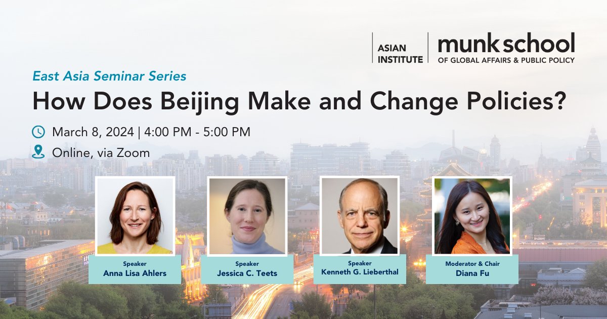 Asian Institute UofT (@ai_uoft) on Twitter photo How does Beijing make and change policies? Do authoritarian governments truly make public policy and how is it the process distinctive?
Next week <a href="/munkschool/">Munk School</a> a panel of China experts will reflect on how decisions in Beijing get made and overturned.
đź”—uoft.me/BeijingPolicy How does Beijing make and change policies? Do authoritarian governments truly make public policy and how is it the process distinctive?
Next week <a href="/munkschool/">Munk School</a> a panel of China experts will reflect on how decisions in Beijing get made and overturned.
đź”—uoft.me/BeijingPolicy