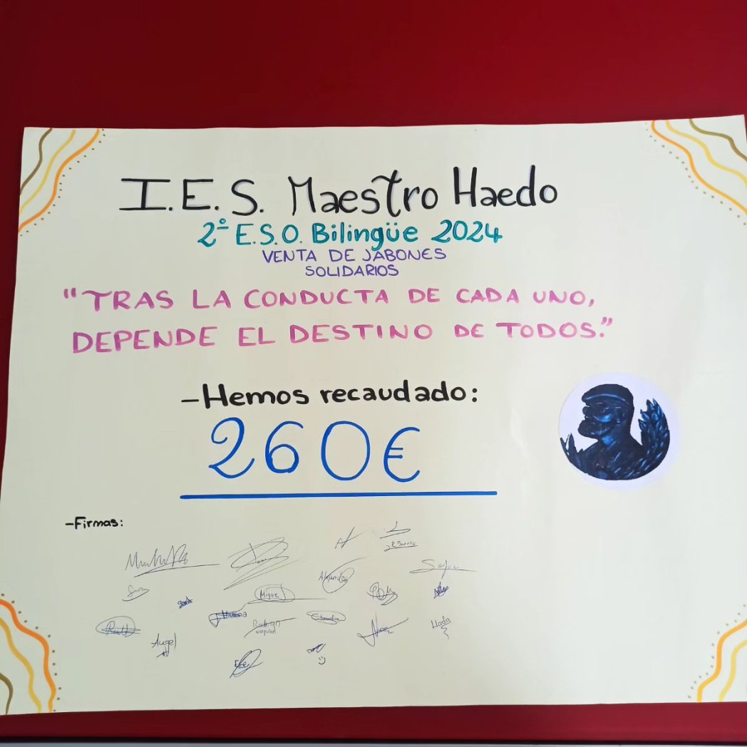 IESMHzamora's tweet image. Muy orgullosos de la generosidad de nuestr@s alumnos de 2° ESO del #programabilingue , que con su esfuerzo en el proyecto #jabonessolidarios han donado 260€ íntegramente a @fesbal_org .
Gracias a la comunidad educativa del @IESMHzamora por hacerlo posible
#pieescuelassaludables