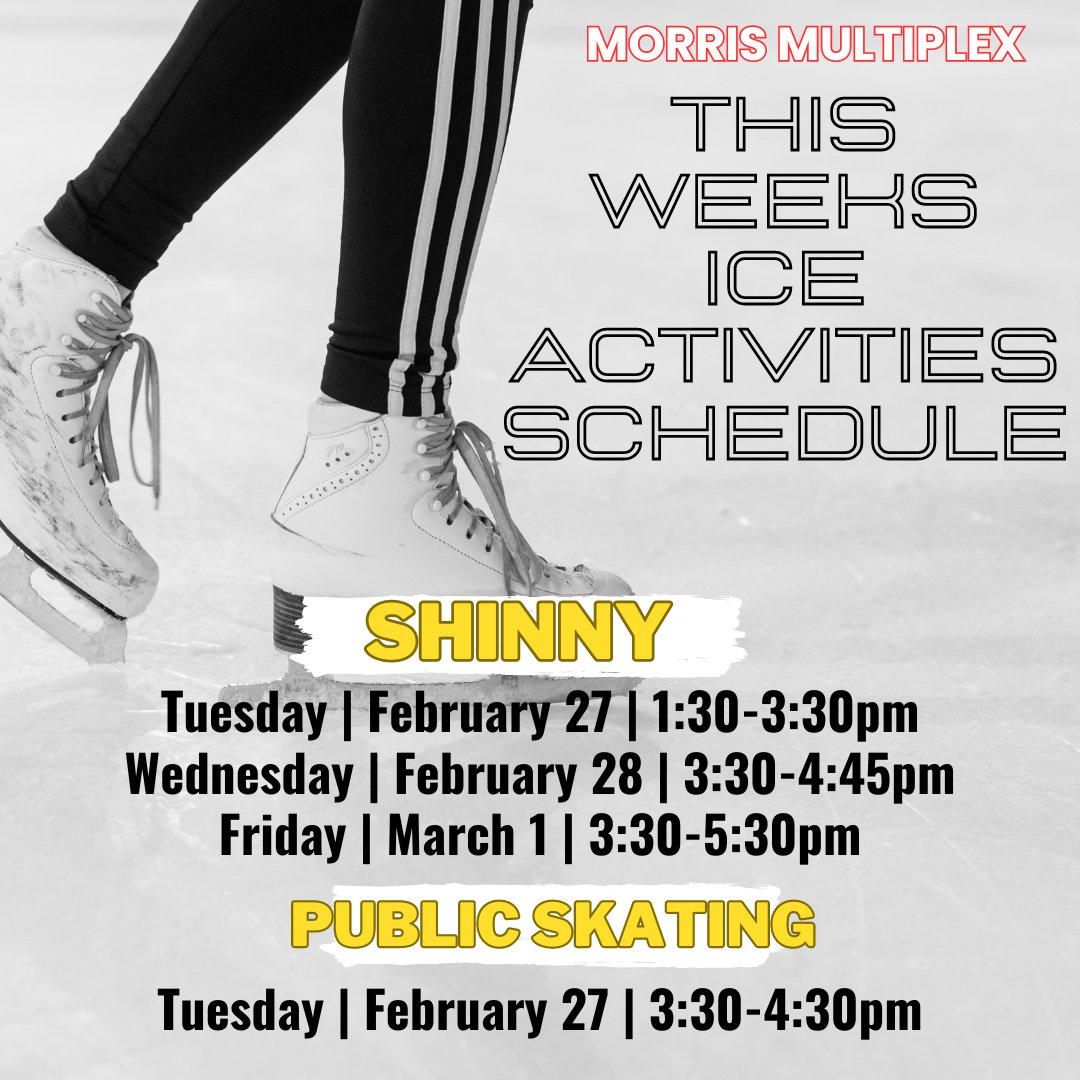 MorrisMultiPlex's tweet image. Schedule for this week's Free Ice Activities
Public skating and Shinny are free to everyone
Good bonding with your family and friends 📷
See you here in Morris Multiplex 📷📷
Shinny Rules: Helmets are required for everyone 📷
Public Skating Rules: No Pucks or Sticks allowed.