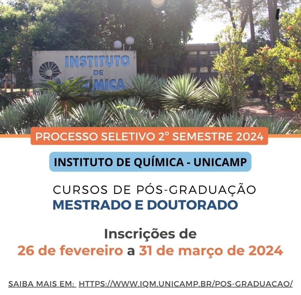Registrations for the #selectionprocess for #admission to #master's &amp; #doctoralcourses for the 2nd semester of 2024 will be open btw Feb 26th &amp; Mar 31st 

The candidate must also take the #UnifiedExaminChemistry, registrations btw Feb 20th &amp; Mar 31st, 2024 euq.sbq.org.br