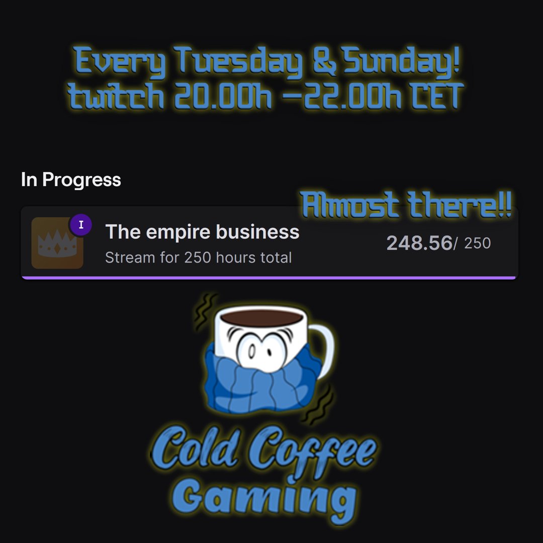 🚀 250 streaming hours incoming! We're getting down to business in Scrap Mechanic. 🛠️✨

Join us for quests, creativity, and some milestone magic. 🌟 Who knows where our hearts (and noses) will lead us today?

🕗 20.00h to 22.00h CET: twitch.tv/coldcoffeegami… #twitchtv