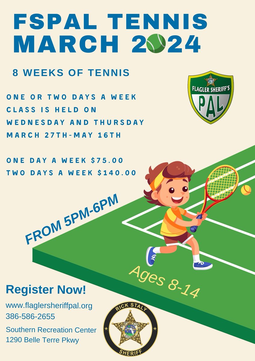 FSPAL Tennis is back! Register today at flaglersheriffpal.org