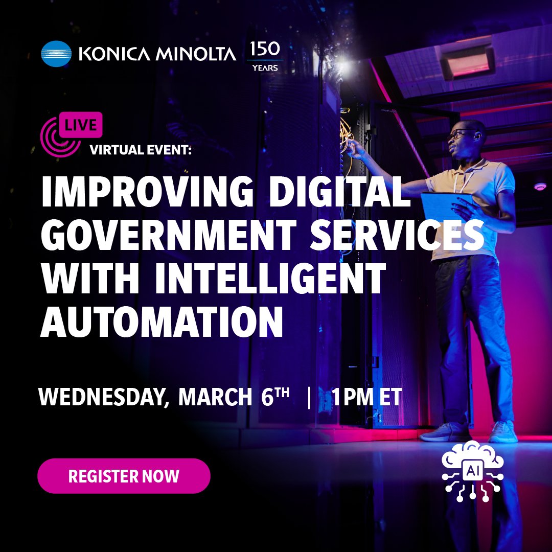 KonicaMinoltaUS's tweet photo. 💻 Virtual Event: Improving Digital Government Services With Intelligent Automation. Register ➡️ https://t.co/oieGmn0Ssl — 📆 March 6 at 1:00 pm (ET).

Learn how to streamline operations, bridge workforce challenges, &amp; ensure transparent governance. Join us!

#gov #automation #ai https://t.co/IiILSYMPW5