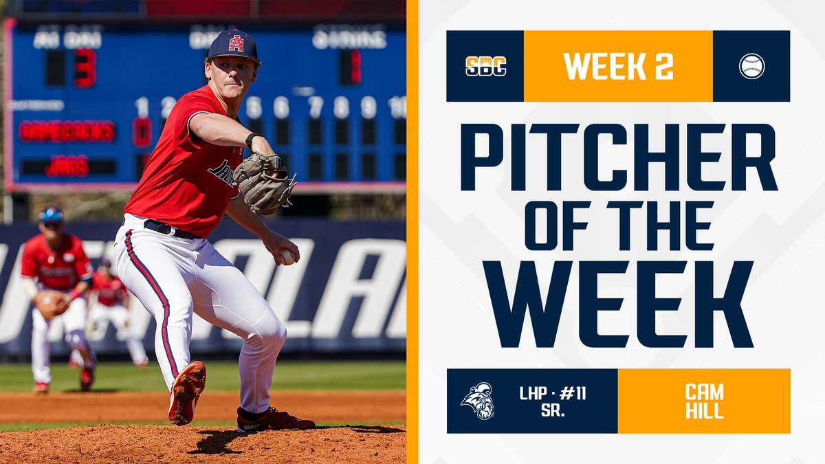 𝗛𝗜𝗟𝗟 𝗢𝗡 𝗧𝗛𝗘 𝗛𝗜𝗟𝗟.

<a href="/SouthAlabamaBSB/">South Alabama Baseball</a> senior left-handed pitcher <a href="/Camdenlhill/">Cam Hill</a> tossed 7 scoreless innings—striking out five—in an 11-1 series-clinching win over Jacksonville State to claim #SunBeltBSB Pitcher of the Week honors. ☀️⚾️

📰 » tinyurl.com/5h3ap885