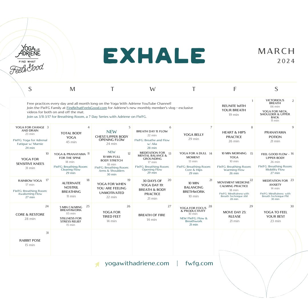 Adriene Mishler on X: Your March yoga calendar is here! You will find a  thoughtful curation of practices that range from breath centric hatha yoga  to vinyasa yoga, to individually focused pranayama