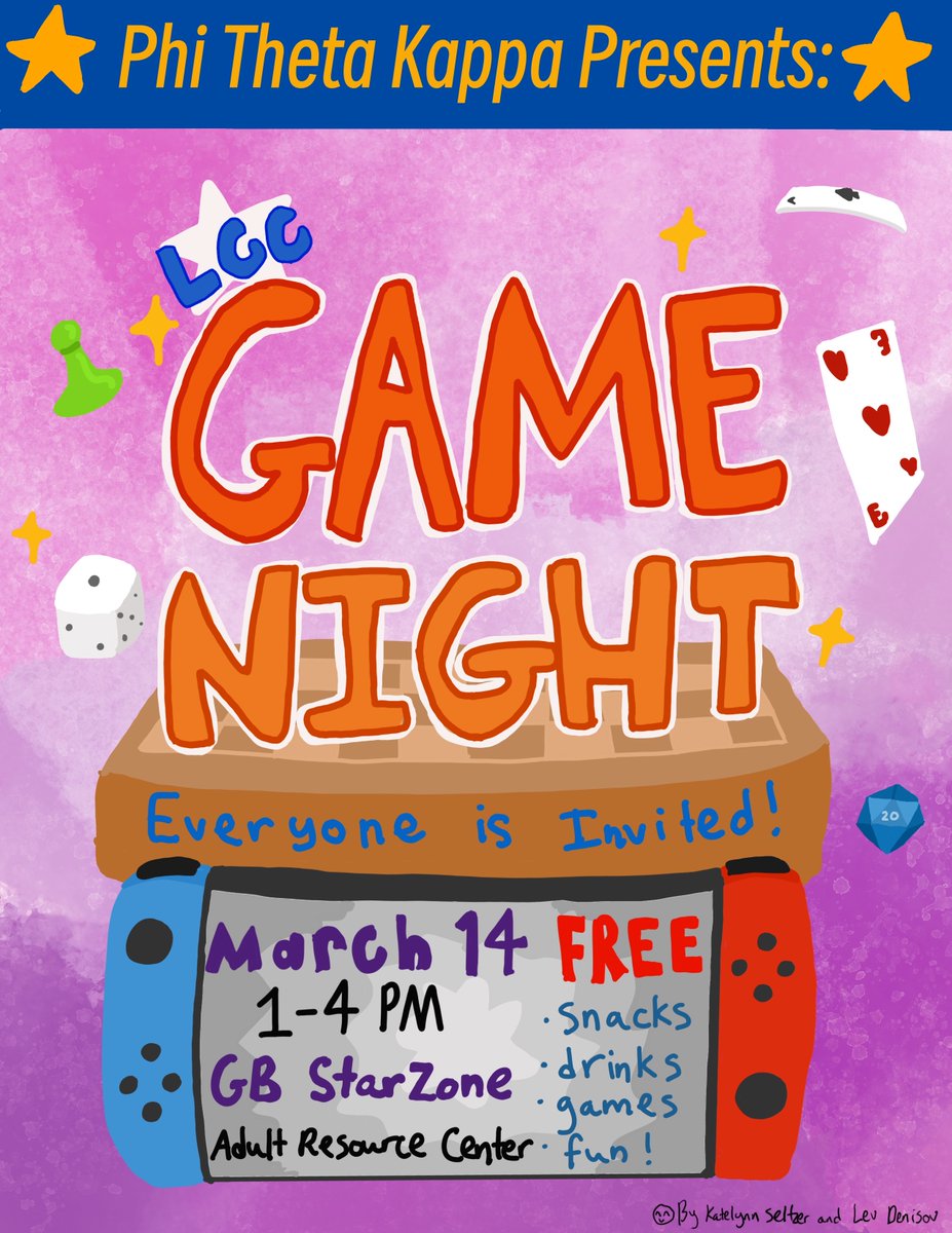 PtkLcc's tweet photo. Be a Star, gather your friends, and join us for a game night on March 14th! Located in the Gannon Building, room 2302. As always, snacks, drinks, video and board games, and good company! We hope to see you there! https://t.co/h2kVfVkdpP