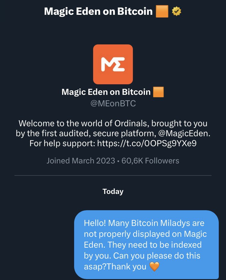 Bitcoin Miladys ๐๐โก๏ธ๐ธ (@bitcoinmiladys) on Twitter photo Reached out to <a href="/MEonBTC/">Magic Eden on Bitcoin ๐ง</a> so they index the remaining #Bitcoin Miladys ๐ซก Reached out to <a href="/MEonBTC/">Magic Eden on Bitcoin ๐ง</a> so they index the remaining #Bitcoin Miladys ๐ซก