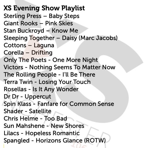 XS MANCHESTER EVENING PLAYLIST!!
IS MASSIVE <a href="/Mr_Jimbob/">Jim Salveson</a> 
<a href="/onlythepoetsuk/">only the poets</a> <a href="/Corellamusic/">Corella</a> <a href="/giantrooksmusic/">Giant Rooks</a> <a href="/sterlingpress/">Kelly</a> <a href="/spinklass/">SPIN KLASS</a> <a href="/spangledband/">~ SPANGLED ~</a> <a href="/stanbuckroyd/">Stan Buckroyd</a> @sleepingtogether <a href="/Cottons_Band/">Cottons</a> <a href="/victorsofficial/">Victor Villanueva</a> @therollingpeople_ @terratwin <a href="/RosellasBand/">Rosellas</a> <a href="/shaderuk/">ＳＨＡＤＥＲ</a> <a href="/TheLilacsUk/">The Lilacs</a>