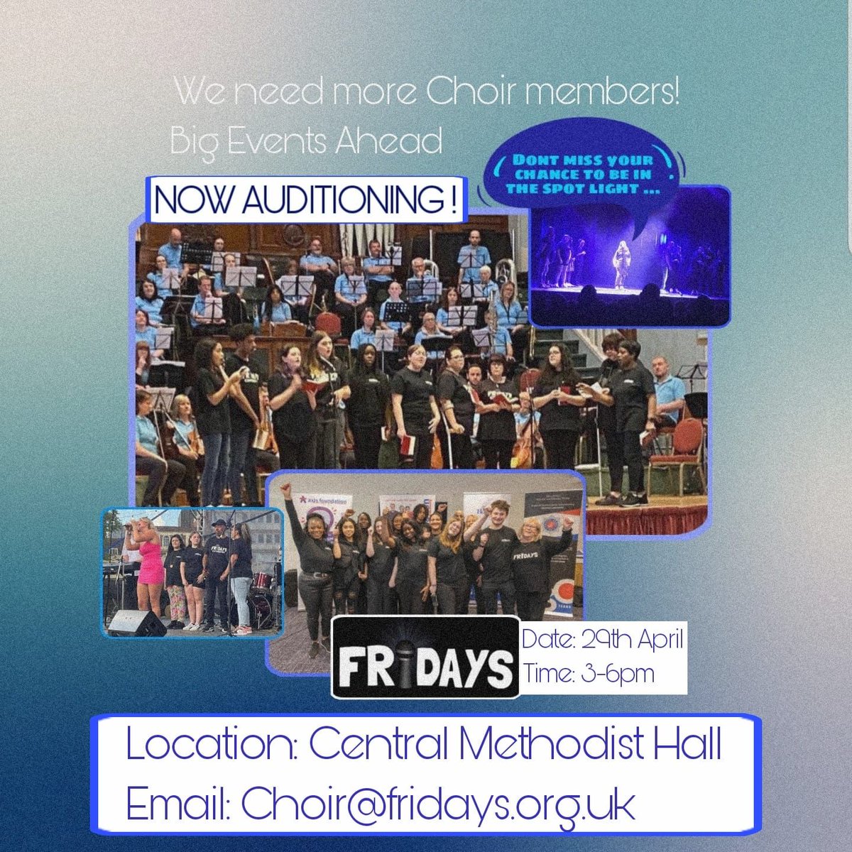 Please contact us on email or social media to join our Fridays Choir!! Also email for any details 📧 fridayscoventryknife@gmail.com

#fridayschoir #fridayscoventry #fridayscov #coventry #coventrymusic #music #choir #choirchoirchoir #fyp