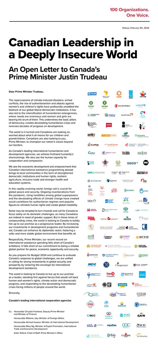 Now is the time to show Canada’s leadership on the global stage.

100+ NGOs are calling on <a href="/JustinTrudeau/">Justin Trudeau</a> <a href="/cafreeland/">Chrystia Freeland</a> <a href="/HonAhmedHussen/">Ahmed Hussen</a> to lead the charge in shaping a more secure world.

See our Open Letter to the PM ahead of #Budget2024