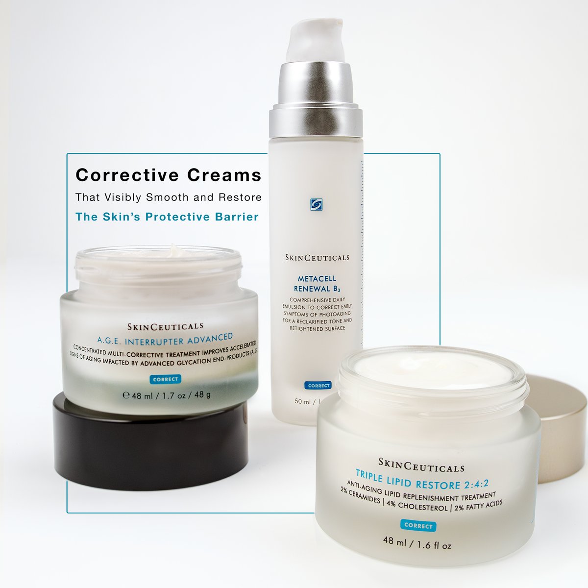 Elevate your skincare regimen with SkinCeuticals advanced corrective creams, proven to visibly smooth and restore youthful-looking skin.