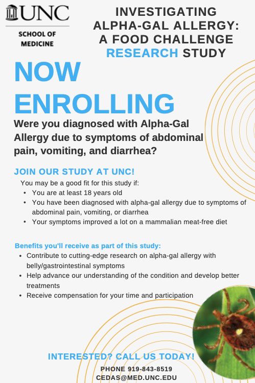 🍔🤢Calling all Alpha-Gal Syndrome warriors diagnosed due to gut symptoms + with relief on alpha-gal-avoidance diet. Write us cedas@med.unc.edu. #alphagal #AGS #Clinicaltrial #guthealth #JoinTheStudy