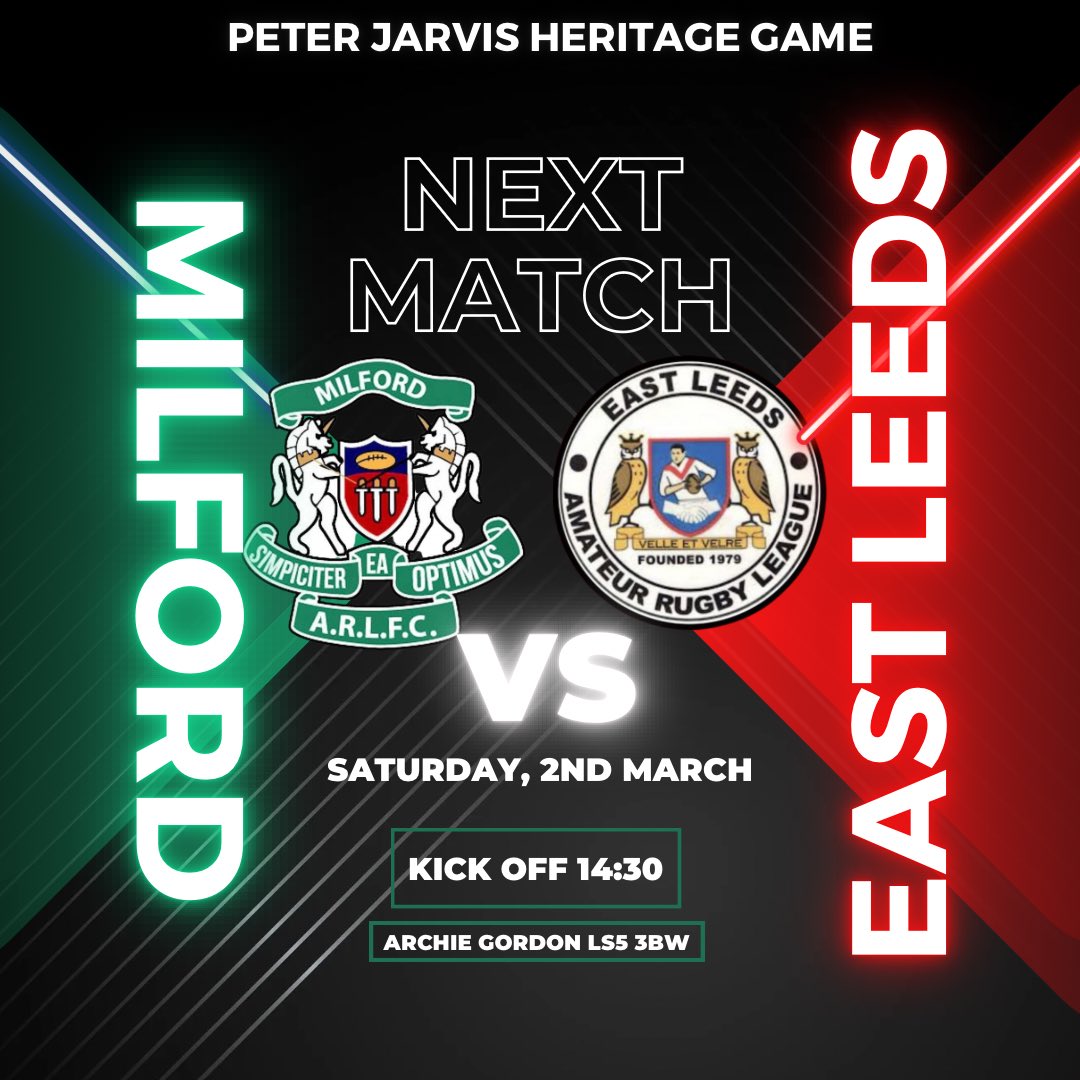 Milford’s first team take on East Leeds this weekend in our first league game of the season💚🖤

The game is played in honour of ex coach Peter Jarvis, who’ll be attending the game. 

Get yourselves down to support the lads &amp; watch a great game of rugby 🏉💚🖤🤍

#JP7