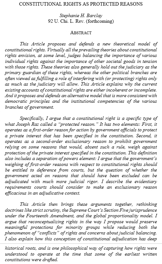 Thrilled to announce that my latest article, Constitutional Rights as Protected Reasons, is forthcoming in the @UChiLRev. This Article proposes and defends a new theoretical model of constitutional rights. Abstract below and link to @SSRN here: papers.ssrn.com/sol3/papers.cf… @NDLaw