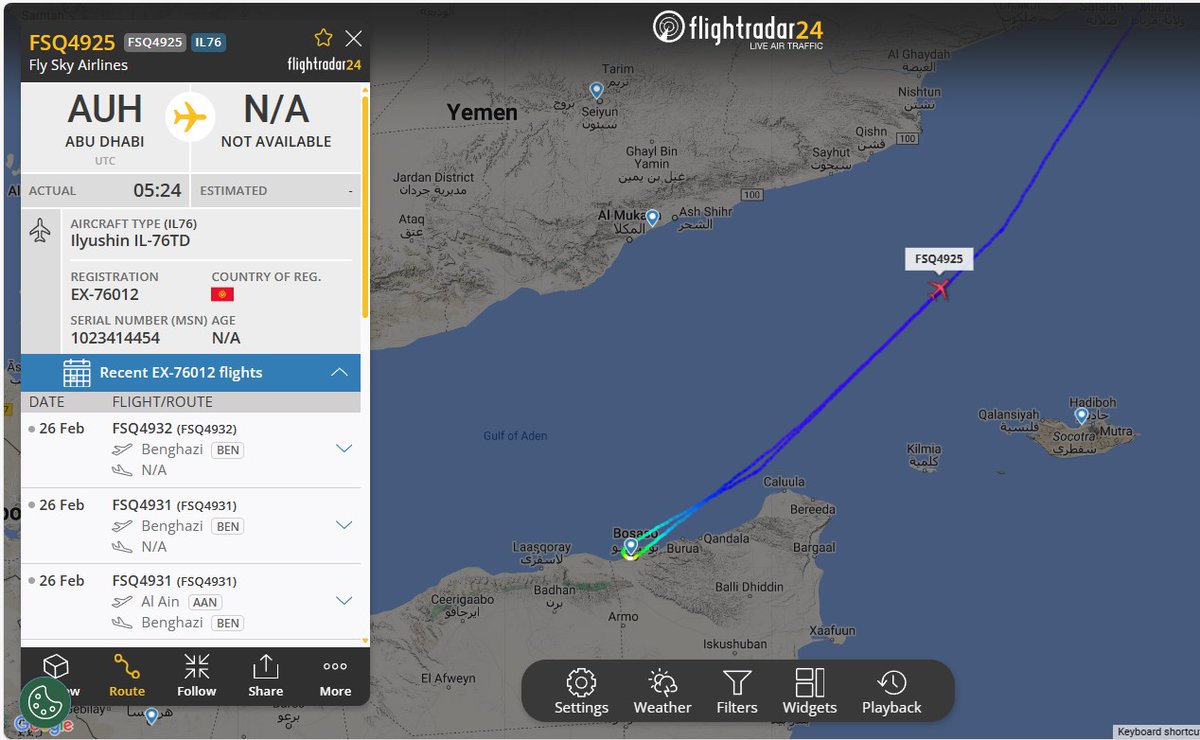 Laurent_Le_Bloa's tweet photo. IL76TD #FSQ4924 / #FSQ4925 rotation to #Bosaso #Puntland
For 3 hours on groustayed activend IFF signal
@WAAT_Band @Abdi678 @Somaliland31 https://t.co/QnCrKYouIu