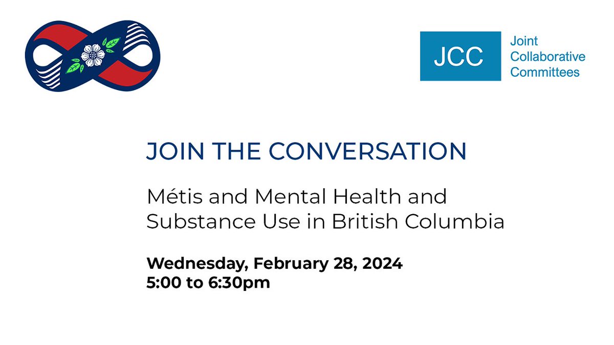 The #JCCs & @MetisNationBC are hosting a panel of MNBC #MentalHealth staff & Métis doctors to learn about #HarmReductionServices provided to #MétisCitizens such as the Mental Health Navigator Program & the Counselling Connect Program. Register: doctorsofbc.ca/news-events/ev…