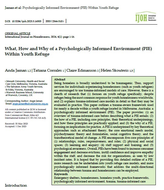 NEW ARTICLE! Available now as open access, online first at: ojs.lib.uwo.ca/index.php/ijoh… From Australia, Prof Jaman and colleagues have outlined and studied a trauma-informed model of care to support youth experiencing #homelessness: