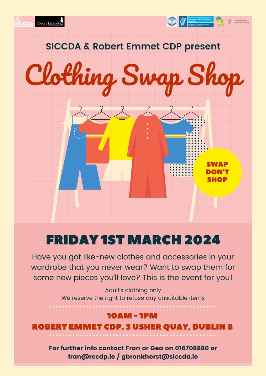 👗 Clothing Swap Shop 👠 Got like-new clothes & accessories you never wear? Swap them for pieces you'll love! Join us at Robert Emmet CDP this Friday, March 1st, 10am-1pm! Don't miss out on refreshing your wardrobe sustainably! ♻️ #ClothingSwap #SustainableFashion