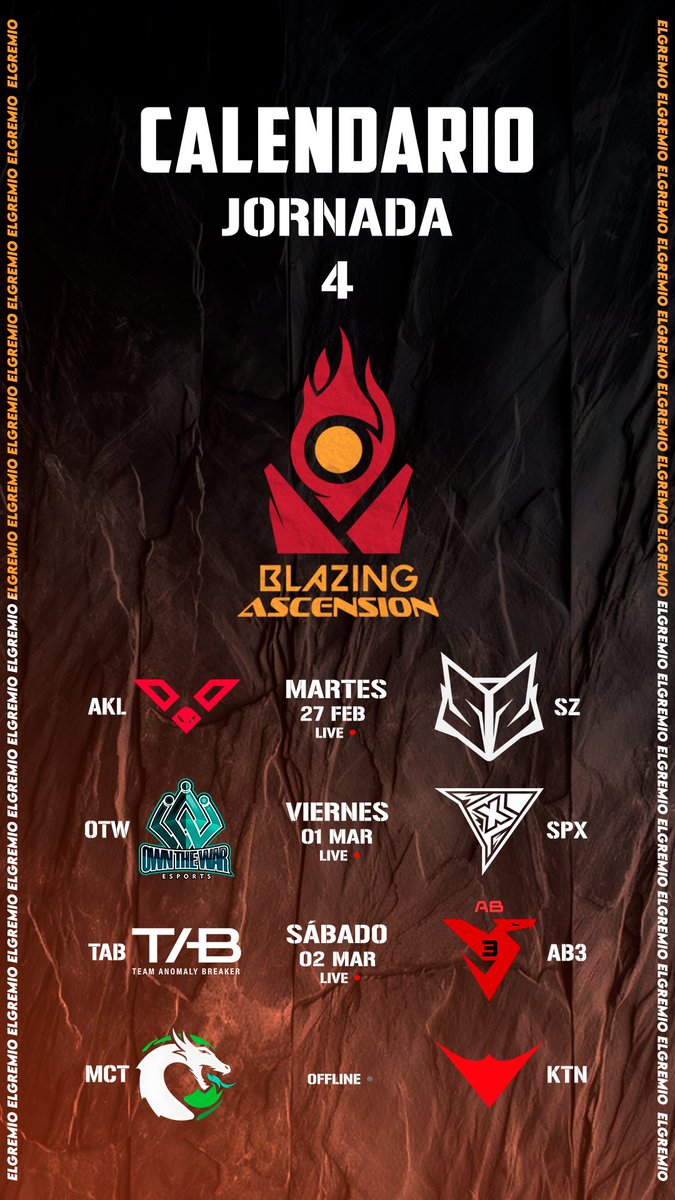 Jornada 4 se presenta con los siguientes encuentros:

27/02 - 🔴7pm🇨🇷🇲🇽
<a href="/AkilaGG/">Akila</a> vs @solarz_cr
01/03 - 🔴7pm🇨🇷🇲🇽
OWT vs <a href="/spxcrew_cr/">SpxCrew</a> 
02/03 - 🔴7pm🇨🇷🇲🇽
<a href="/TAB_Anomaly/">Team Anomaly Breaker 🇲🇽</a> vs <a href="/AB3_Esports/">AB3 ESPORTS</a> 
02/03 - ⚫️7pm🇨🇷🇲🇽
@MalecientEsp vs <a href="/KTANAesports/">KTANA🎋</a> 

📺twitch.tv/elgremiocr