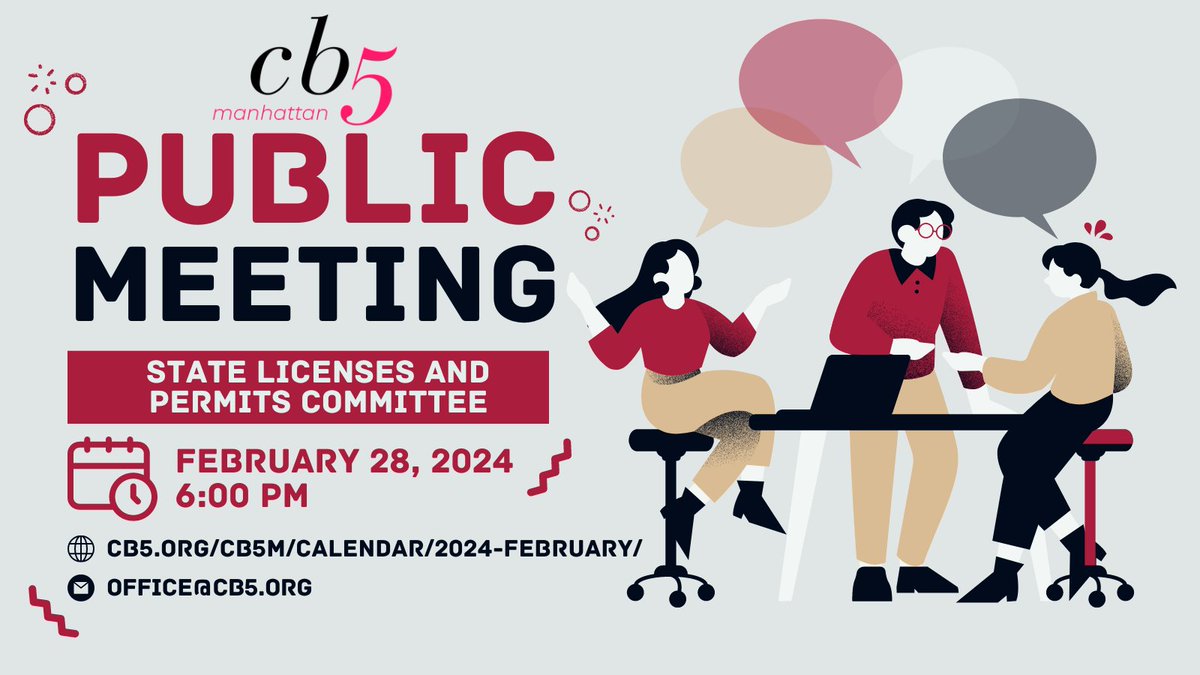 📢 Join us tomorrow night at 6:00pm for the State Licenses and Permits (SLAP) Committee meeting. The agenda can be found on our website. Register here: cb5.org/cb5m/calendar/…