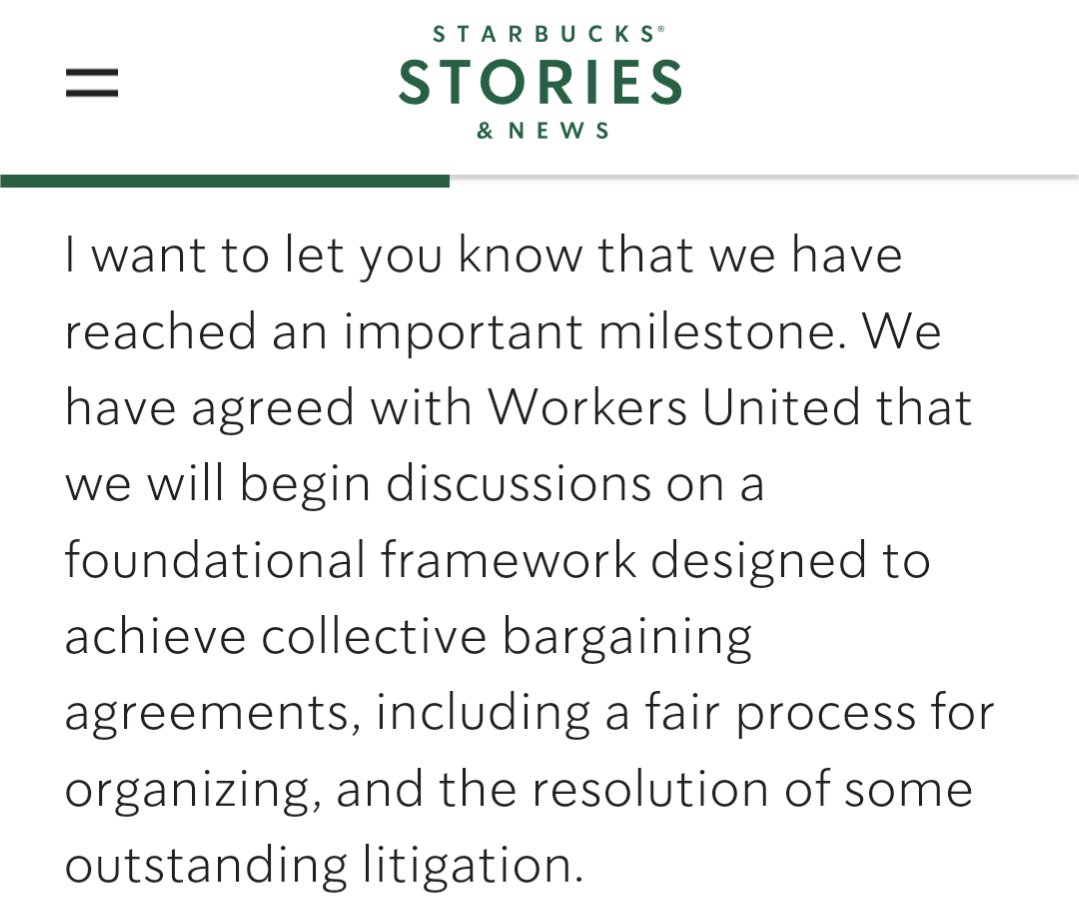 "We have agreed with Workers United that we will begin discussions on a foundational framework designed to achieve collective bargaining agreements, including a fair process for organizing, and the resolution of some outstanding litigation."

stories.starbucks.com/press/2024/mes…
