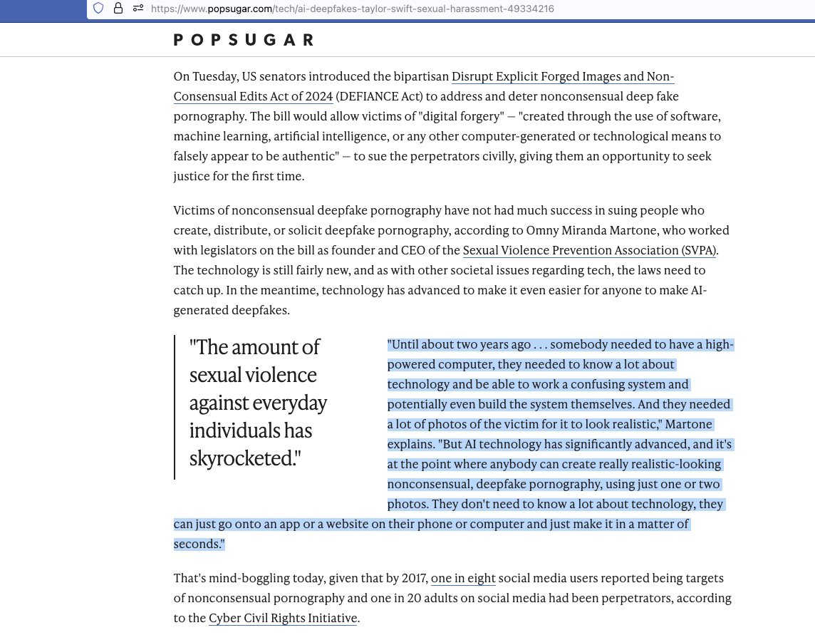 I recently wrote about this @Popsugar and some of the stats even shocked our team. You can learn more from @SVPAOfficial and @CCRInitiative. popsugar.com/tech/ai-deepfa…