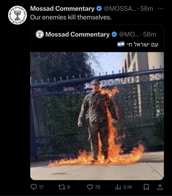 Dad_of_Marine's tweet photo. Mossad, the Israeli "Intelligence" Goon squad put out a tweet, ⬇️showing if the US military personnel does Not stand with "Foreign Agent" who Mossad represents, then the US military people might as well be dead. Once again, they show, they don't give a damn about us.
#WakeUpPpl https://t.co/EYdMqMf79W