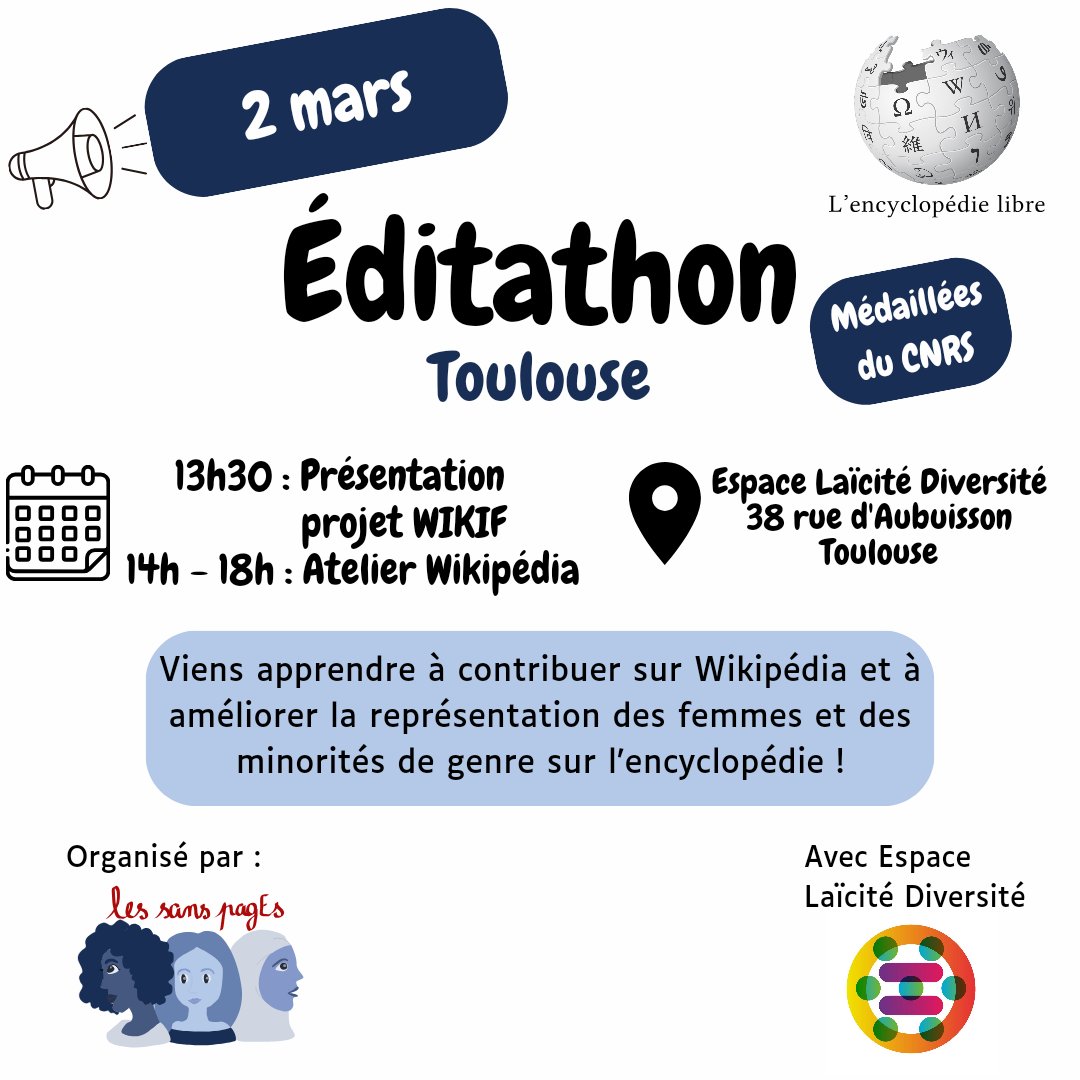 Si vous êtes à #Toulouse samedi rejoignez-nous !

Après une présentation du projet Wikif, l'après-midi sera consacrée à creer et améliorer des pages <a href="/Wikipedia_fr/">Wikipédia en français</a> de femmes scientifiques médaillées 🏅 du #CNRS (après une formation pour les novices 😊)

#biaisdegenre #wikipedia