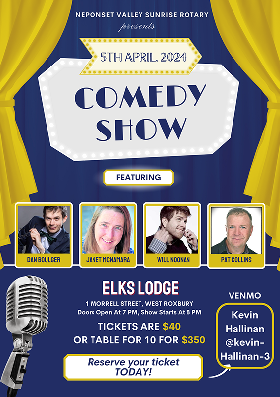 Join us on April 5th at the Elks Lodge in West Roxbury for our Comedy Show - a night of laughs to help support the work that we do. Bring along snacks and food. There will be a bar at the venue. When using Venmo for purchasing tix, enter your email in the 'what is this for' line.