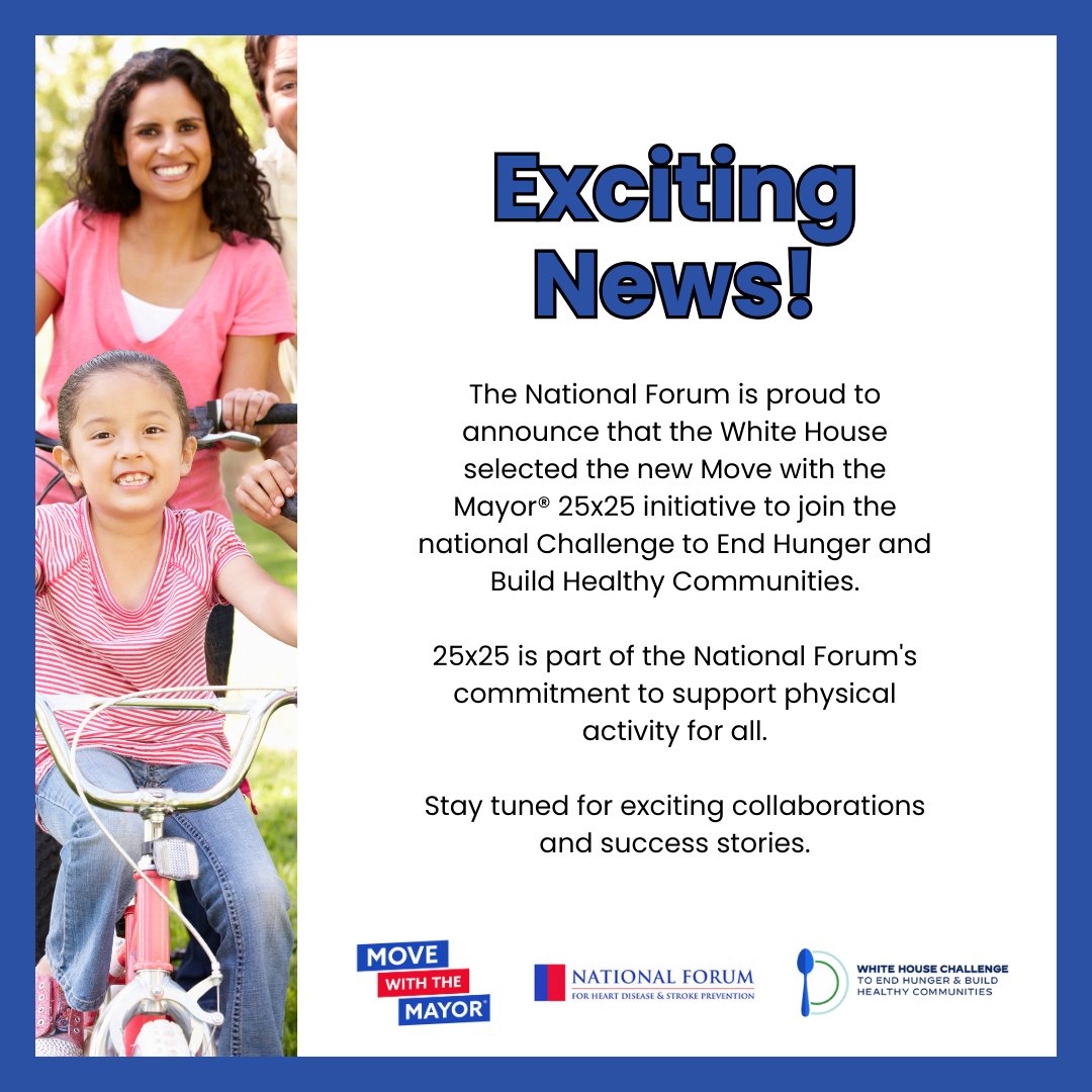 Exciting news! The <a href="/WhiteHouse/">The White House</a> has selected #MoveWithTheMayor to join its challenge to build healthy communities through the 25x25 initiative. We’re committed to empowering people to lead more active lives and make healthier choices: nationalforum.org/white-house-se…

#WHChallenge