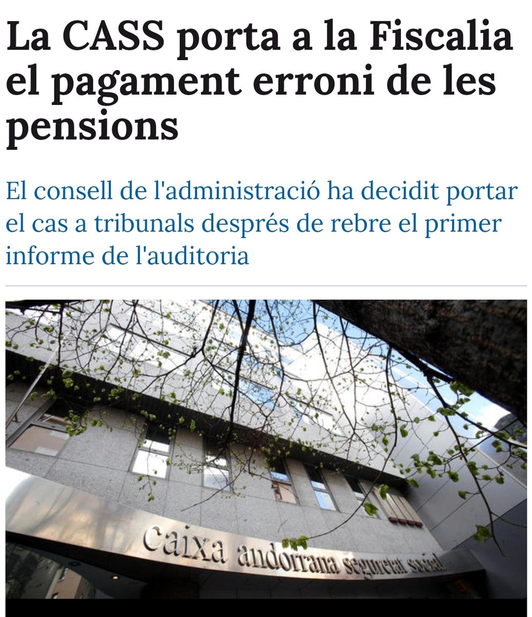 La CASS ha anunciat que porta a la Fiscalia el pagament erroni de les pensions d'invalidesa que s'ha fet des del 2008 per no fer els controls necessaris per revisar les remuneracions que es feien als assegurats. 16 anys sense portar el control necessari em sembla vergonyos!