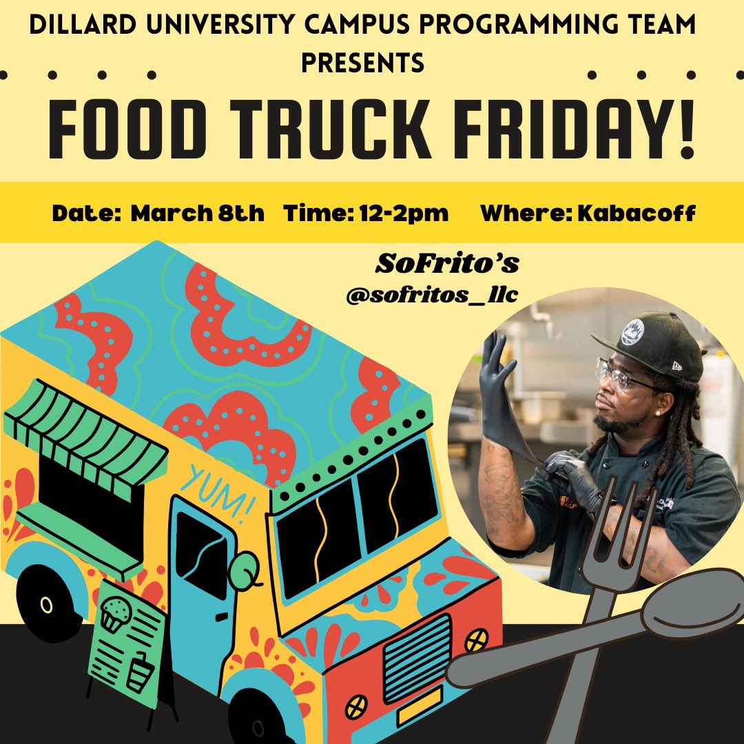 Dillard University Campus Programming Team (@ducpt_1869) on Twitter photo Bring your appetite and join us on Kabacoff Friday, March 8th <a href="/12PM/">nour zohbi</a> for a delicious start to the weekend.😉 You don’t want to miss this! Check out the first food truck that’s coming to DU Sofrito’s on IG @sofritos_llc. 🍴 Bring your appetite and join us on Kabacoff Friday, March 8th <a href="/12PM/">nour zohbi</a> for a delicious start to the weekend.😉 You don’t want to miss this! Check out the first food truck that’s coming to DU Sofrito’s on IG @sofritos_llc. 🍴