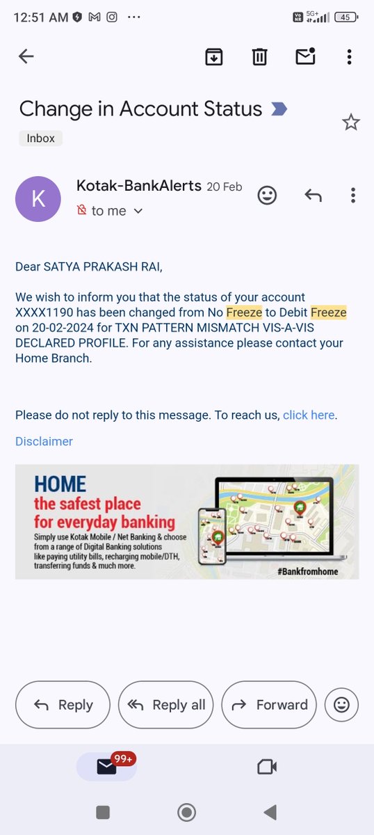 Mera Kotak Bank Account 20th Feb ko freeze ho gya. Main 20 and 21 Feb ko branch mein jakar Application submit kr diya but abhi tak unfreeze nhi hua hai. Na hi bank wale koi sahi se jawab de rhe hai. @KotakBankLtd @Kota