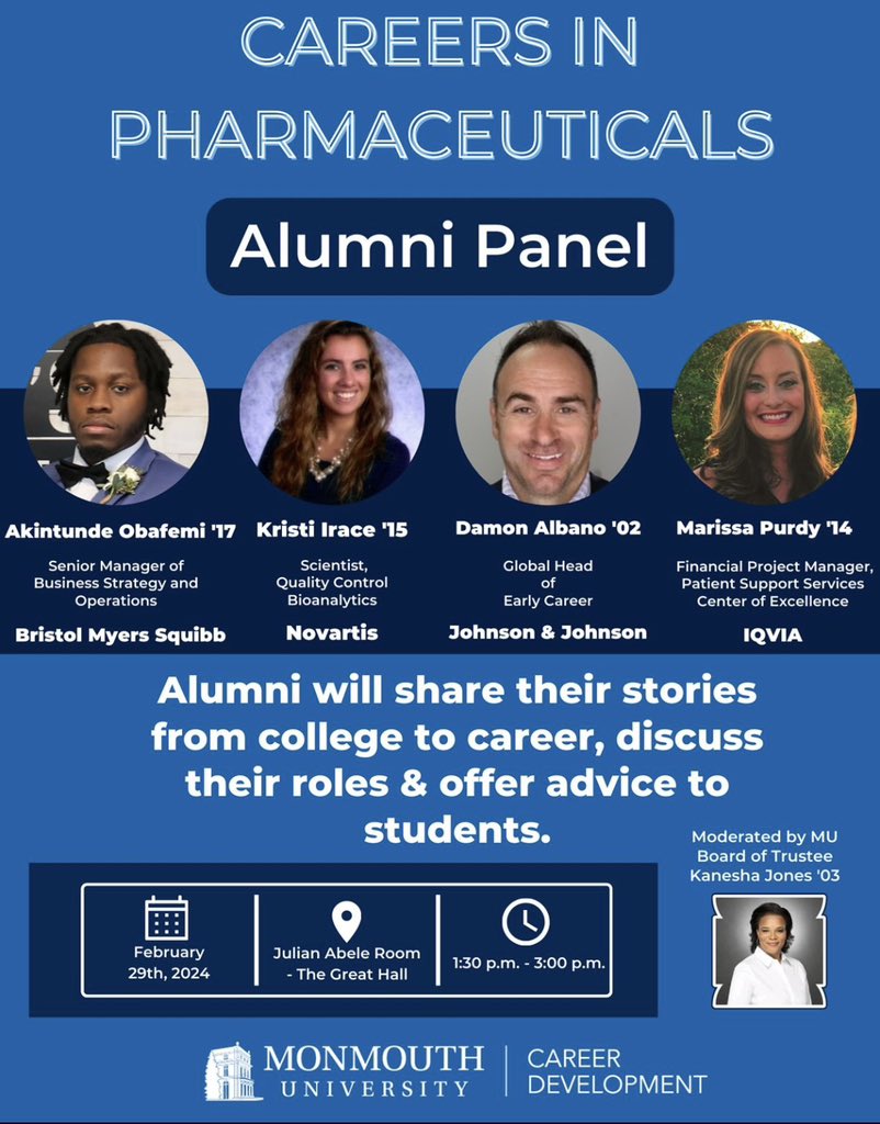 Proud of my daughter @kristi182 for being a member of this esteemed panel. Any @monmouthu students interested in the pharmaceutical field should attend this event.