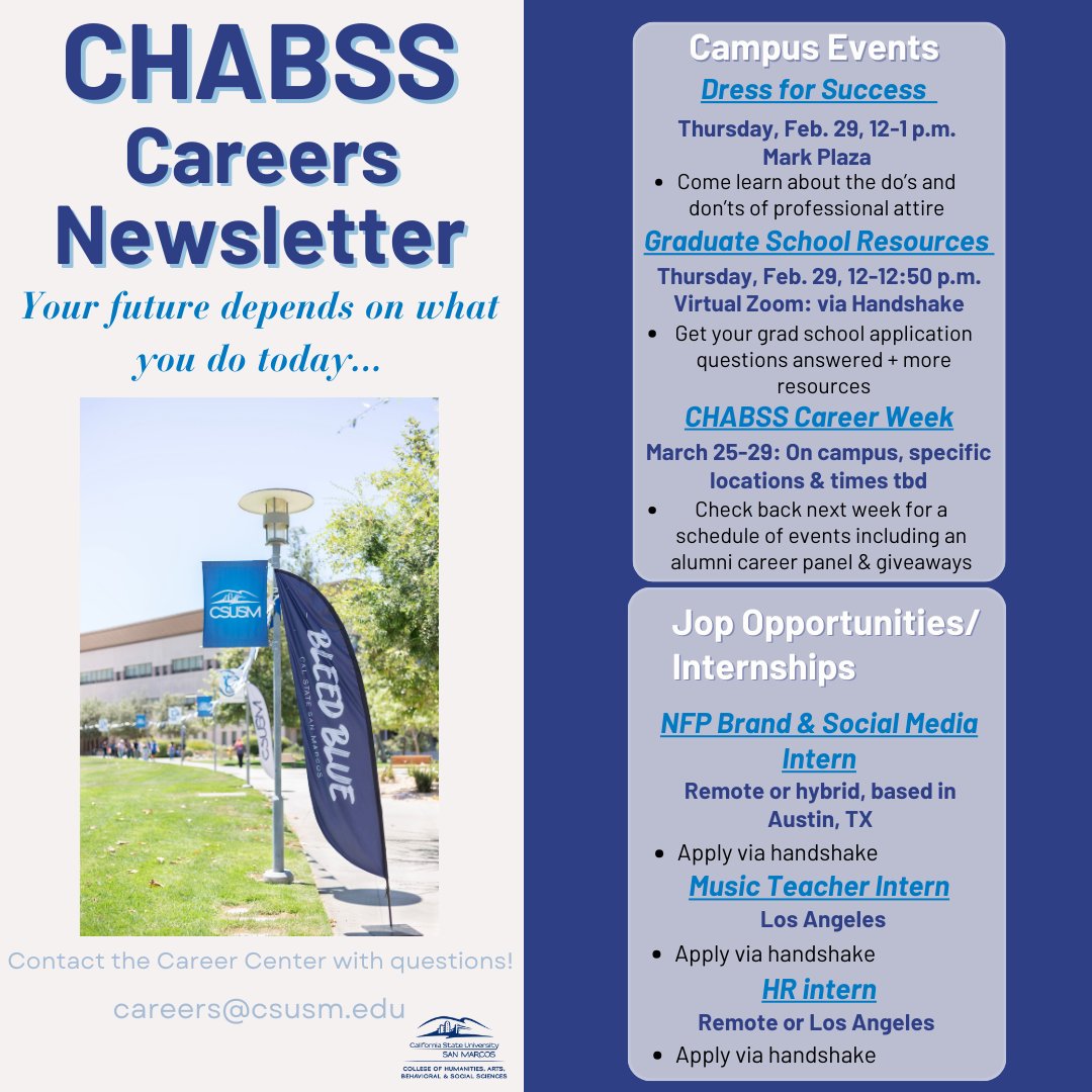 csusm_chabss's tweet image. Back again with our weekly CHABSS Careers Newsletter! We are here to support you on your journey!