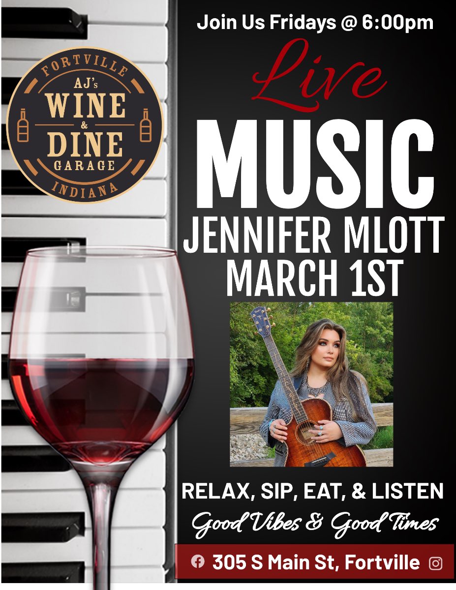 Fortville Friends ! I’m back at 305 Wine Garage (AJ’s Wine and Dine) this Friday beginning at 6PM ! Come on out for another wonderful night of music , wine and amazing food ! See you soon ! #jennifermlottmusic