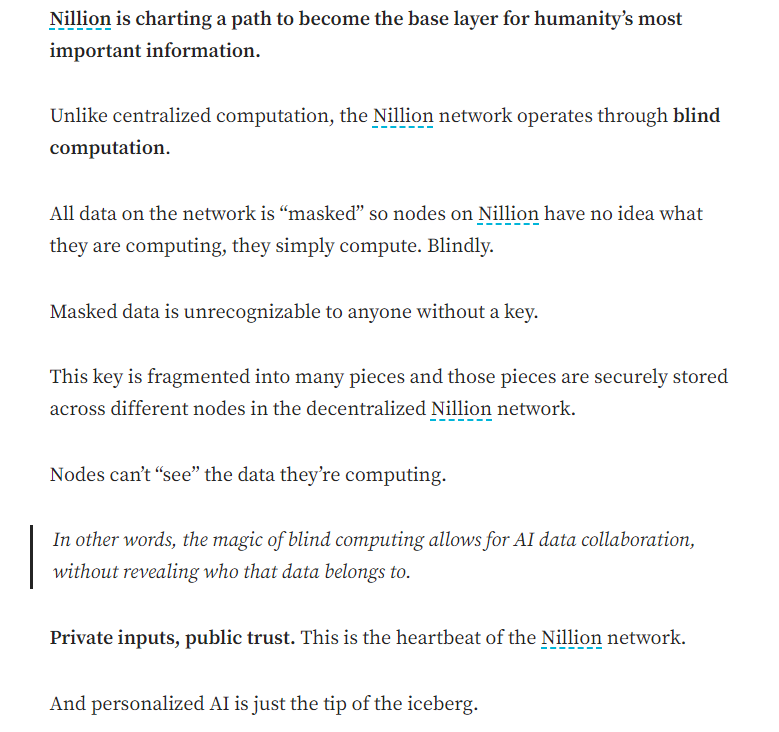 djannias's tweet image. Great read over at @Medium - @nillionnetwork&apos;s decentralized approach to data processing and privacy promises to unlock the potential of personalized AI while empowering individuals to control their own data. #DataPrivacy #PersonalizedAI #nillion #blindcompute